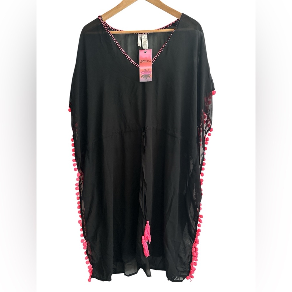 Black bathing suite cover up with Pink Pom-Pom Trim
